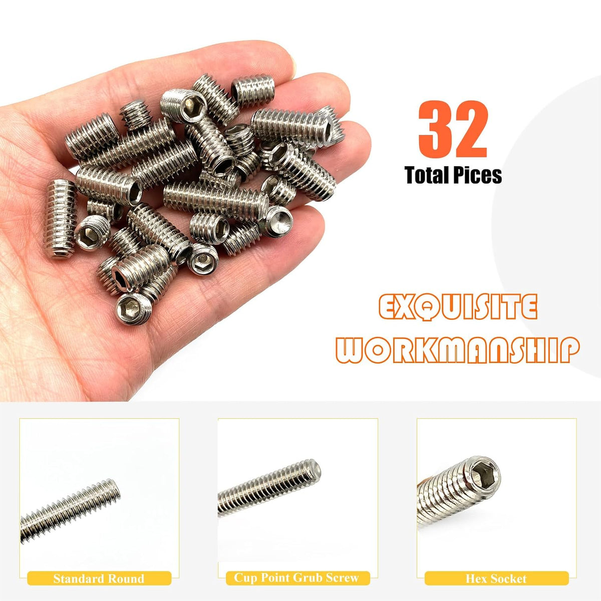 32pcs 5/16-18 7 Sizes Hex Socket Set Screws Assortment Kit, 304 Stainless Steel Cup Point Grub Screw for Bathroom Fixtures Door Handles Stripper Pole Rack Screws Precision Instrument ETS