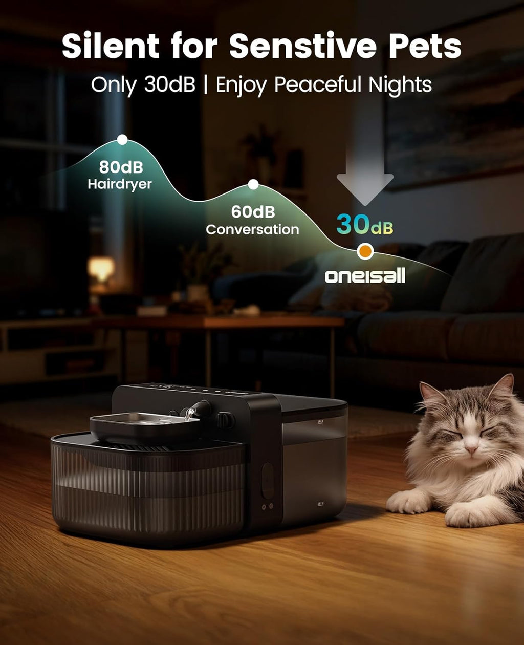 Wireless Filterless Cat Water Fountain, Separate Clean and Dirty Water Pet Fountain with Stainless Steel Bowl