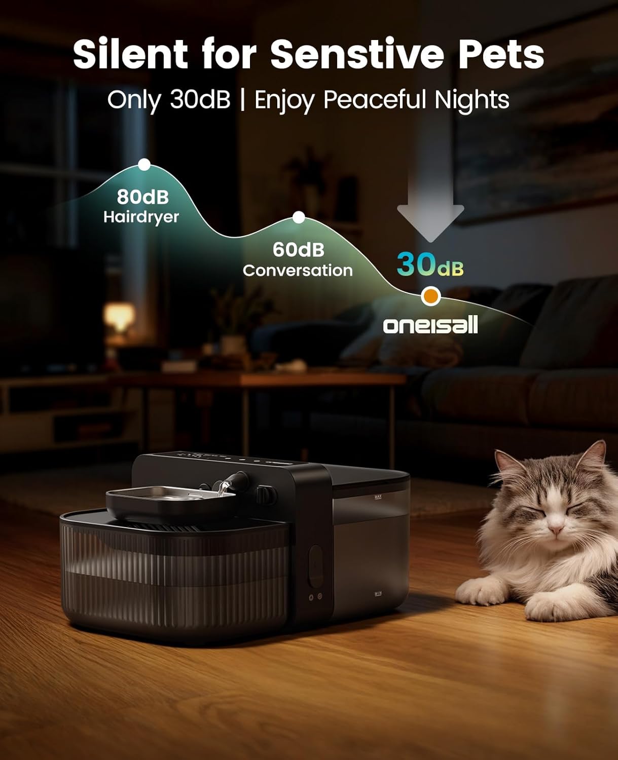 Wireless Filterless Cat Water Fountain, Separate Clean and Dirty Water Pet Fountain with Stainless Steel Bowl