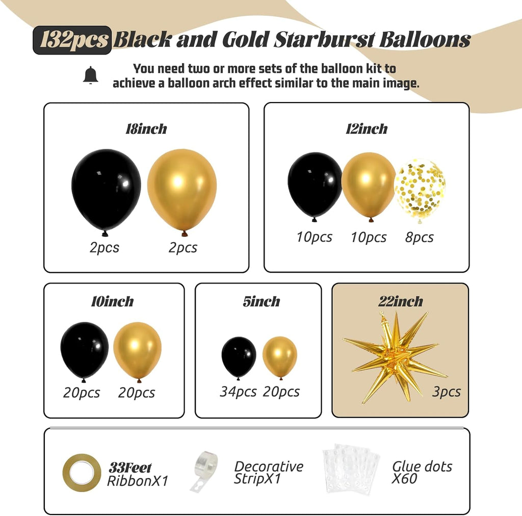 Black and Gold Balloons Garland Arch Kit, 5 10 12 18inch Black Gold Confetti Latex Balloons for 2025 Graduation New