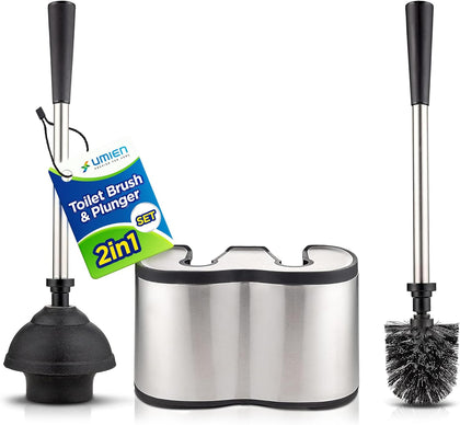 Toilet Brush and Plunger Set, Satin Nickel, Long Handle Freestanding | Satin Nickel, Toilet Brush + Plunger Combo