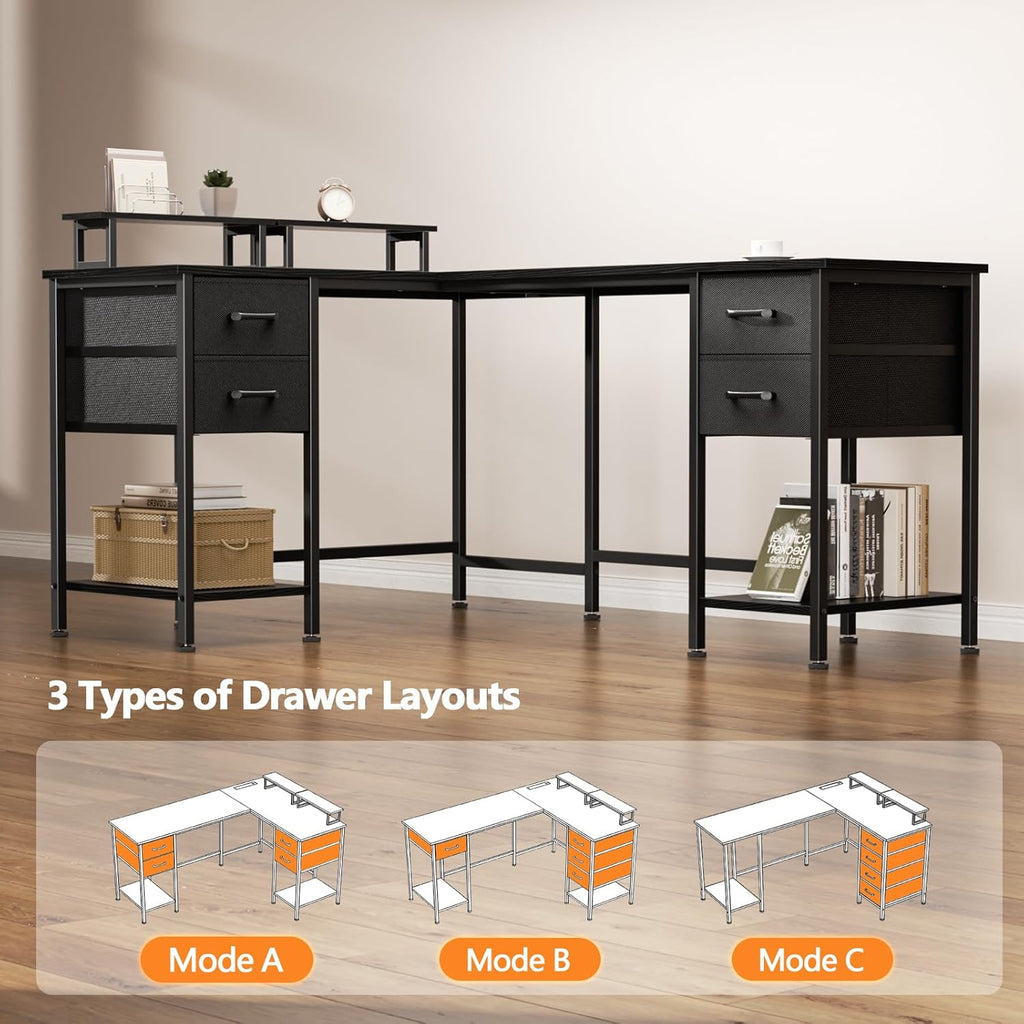 59 inch L Shaped Computer Desk with Power Outlets, Home Office Desk with 4 Adjustable Storage Drawers & 2 Monitor