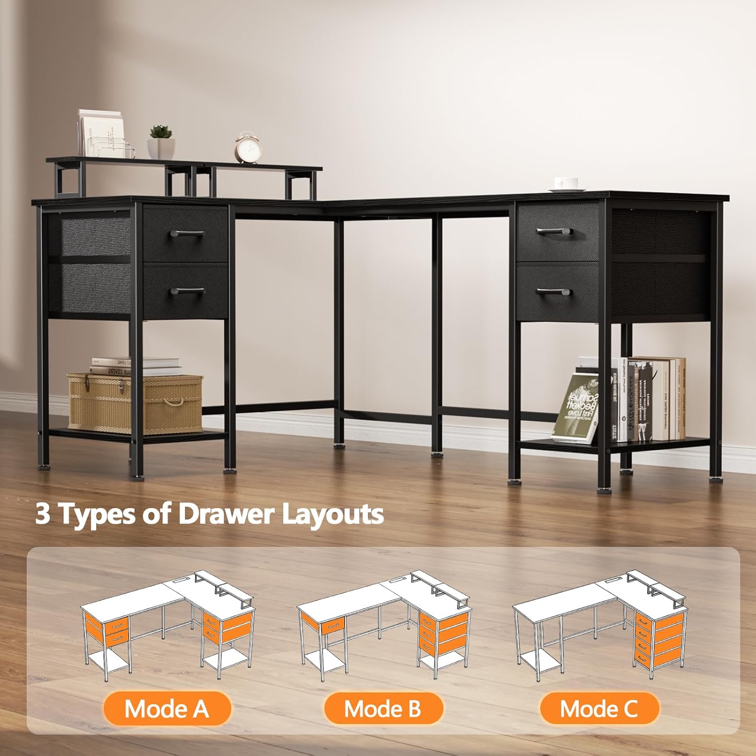 59 inch L Shaped Computer Desk with Power Outlets, Home Office Desk with 4 Adjustable Storage Drawers & 2 Monitor