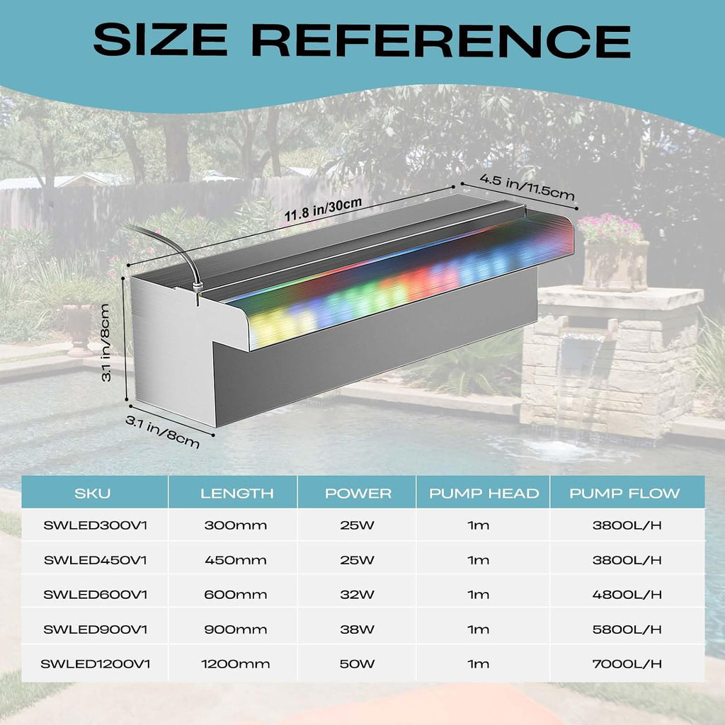 Pool Fountain Stainless Steel Waterfall with LED Lights - 11.8" LED Strip Remote Control with 18 Colors, Smooth Water