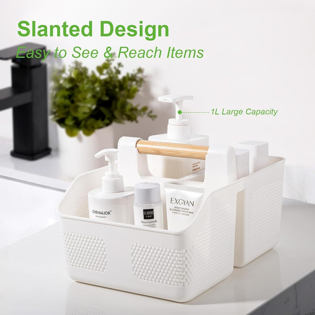 Shower Caddy Portable with Bamboo Handle, Plastic Basket Cleaning Caddy Organizer Storage Tote for Bathroom, College