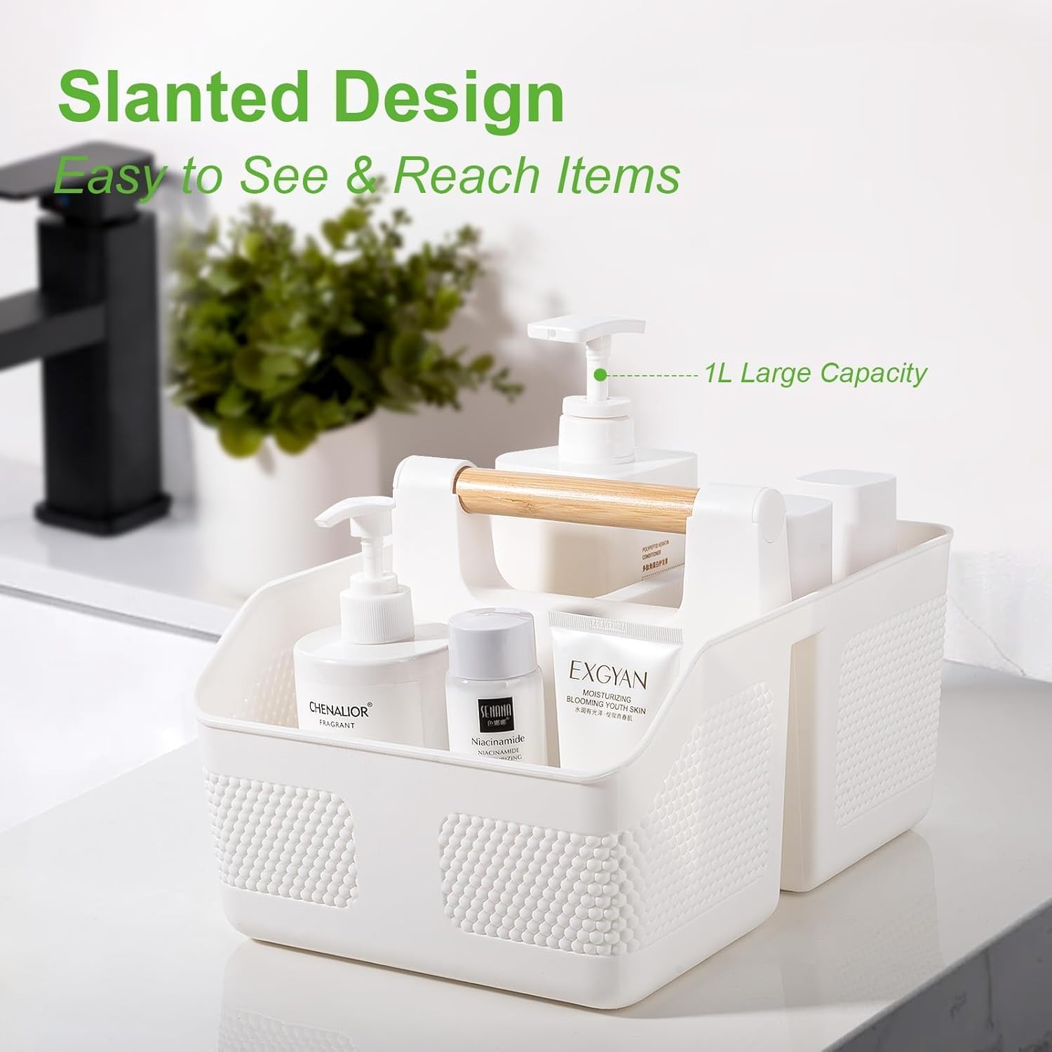 Shower Caddy Portable with Bamboo Handle, Plastic Basket Cleaning Caddy Organizer Storage Tote for Bathroom, College