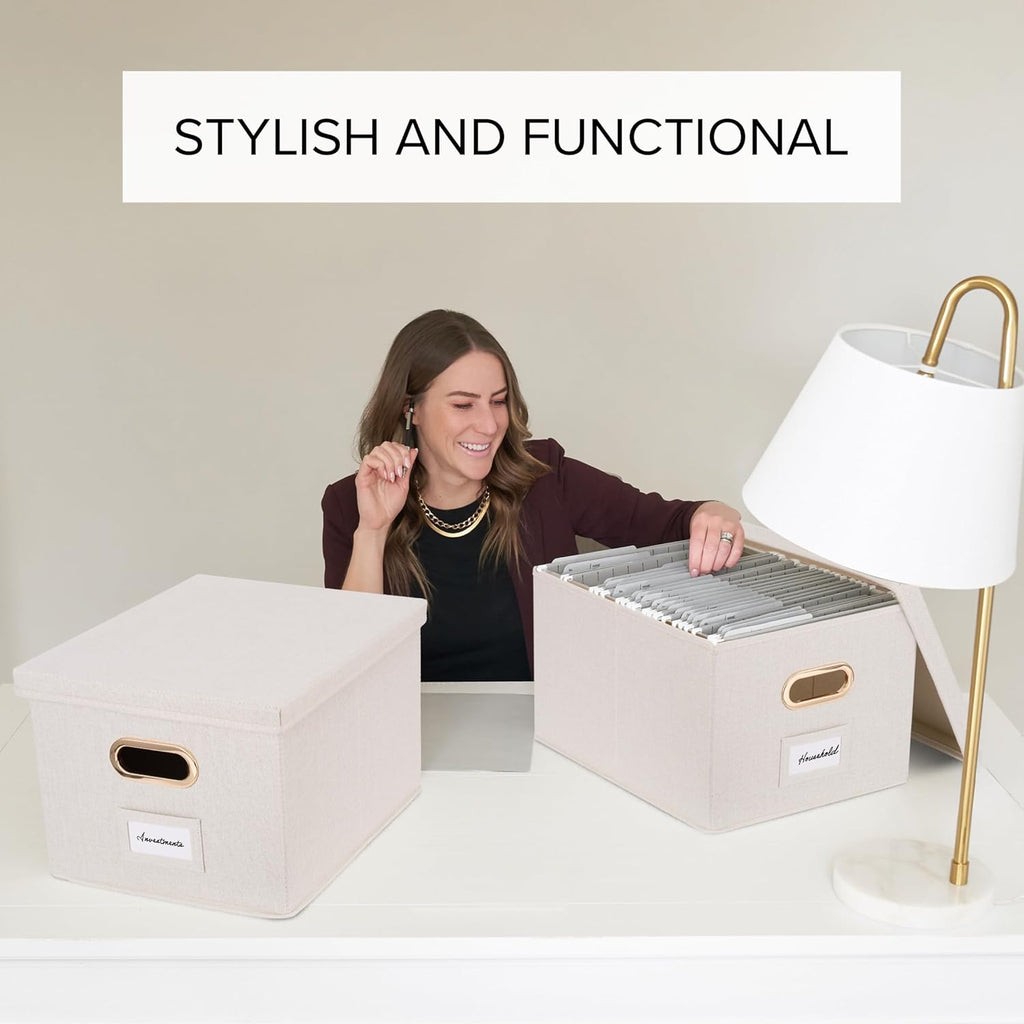 Decorative File Organizer Box Set of 2 - Collapsible Linen Filing Cabinets with Handles Are Perfect to Store All Your
