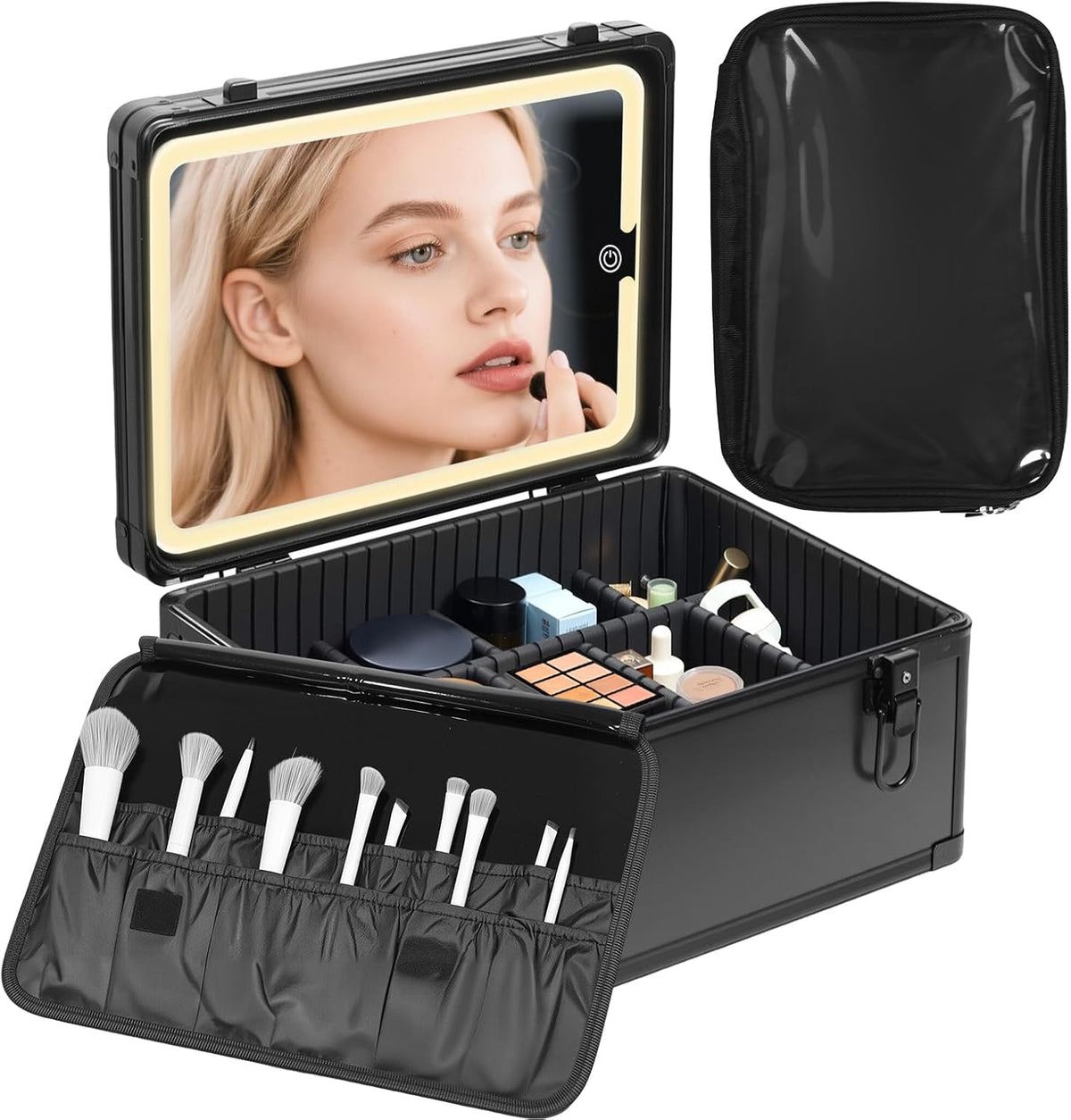 Makeup Extra Large 15 inches Case with Lighted Mirror – Cosmetic Organizer with Adjustable Dividers, Magnetic LED