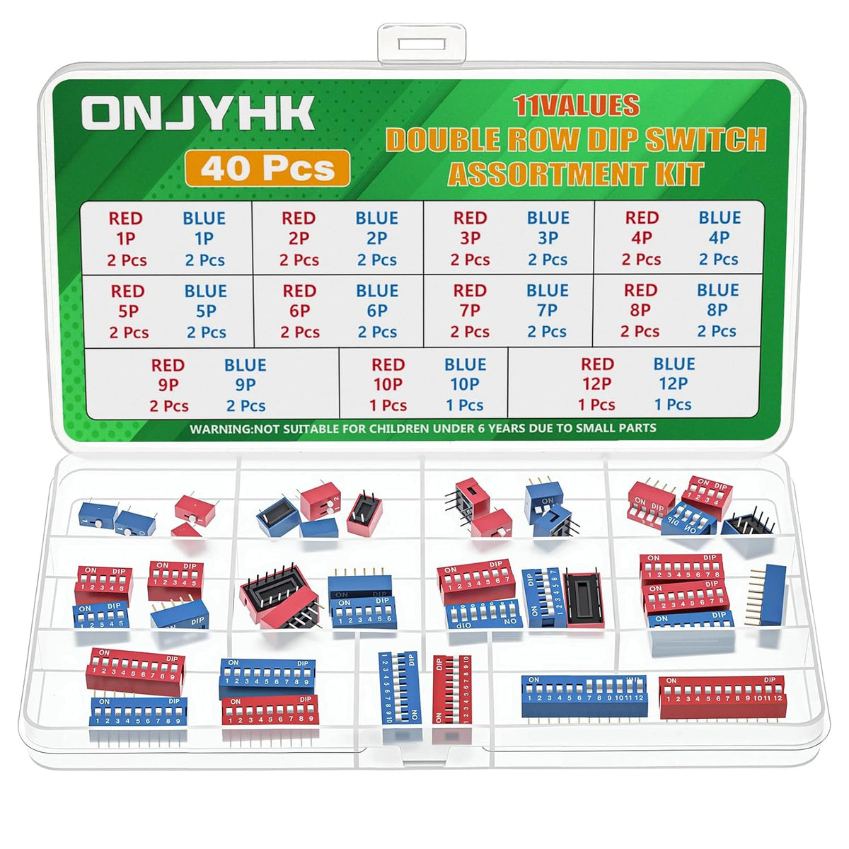 11Values Dip Switch Kit 1 2 3 4 5 6 7 8 9 10 12 Position 2.54MM Double Row PCB Mountable On Off Slide Type Toggle Switches for Circuit Breadboard (Pack of 40)
