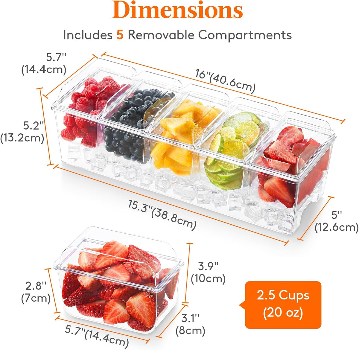 Chilled Condiment Caddy with 5 Individual Lids, Ice Garnish Tray