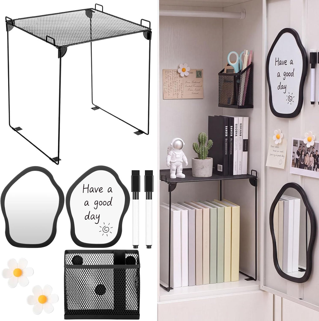7 Pcs Black Locker Organizer Accessories Kit, Back to School Essentials Includes Cloud Mirror, Whiteboard, Dry Erase