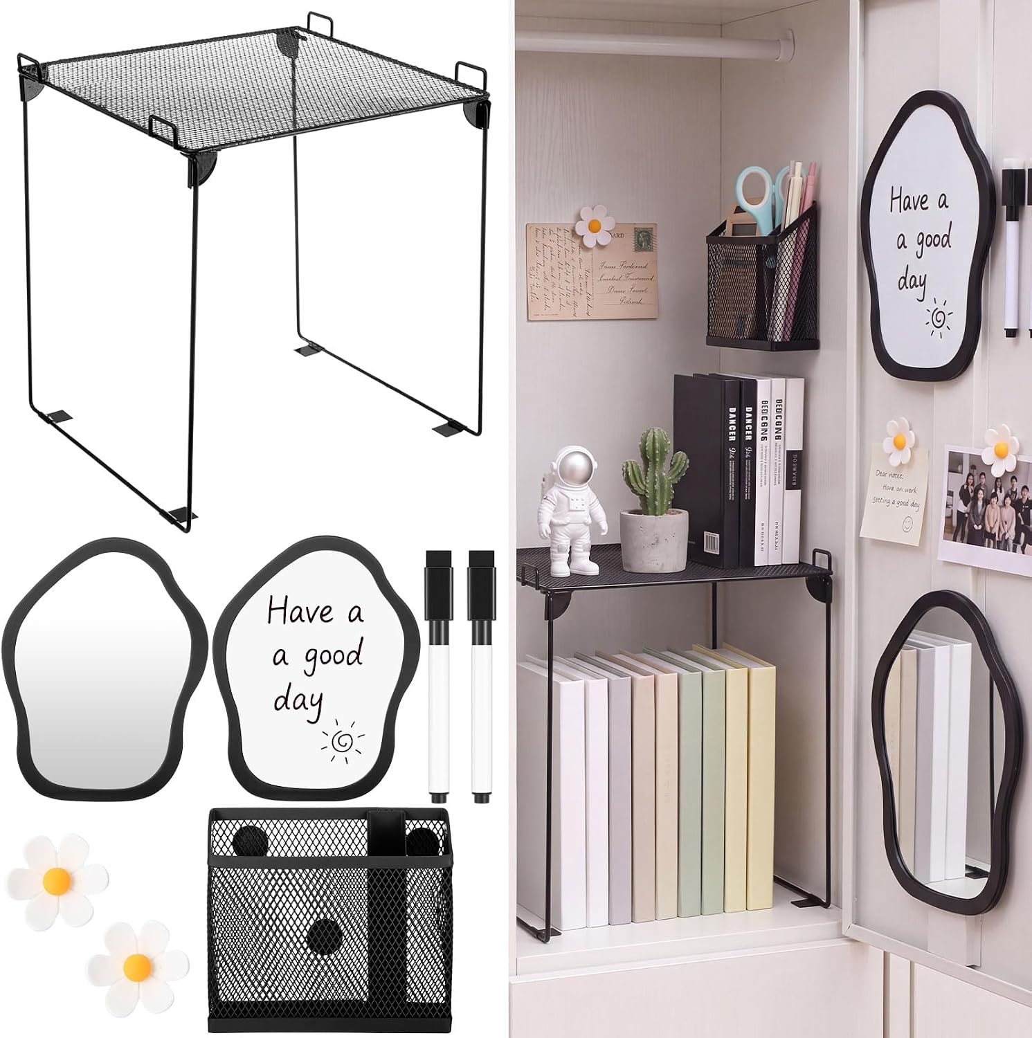 7 Pcs Black Locker Organizer Accessories Kit, Back to School Essentials Includes Cloud Mirror, Whiteboard, Dry Erase