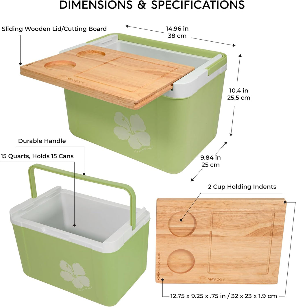 15 Quart Cooler with Sliding Wooden Lid and Cutting Board, Portable Insulated Hard Cooler for Beach, Picnic, Travel