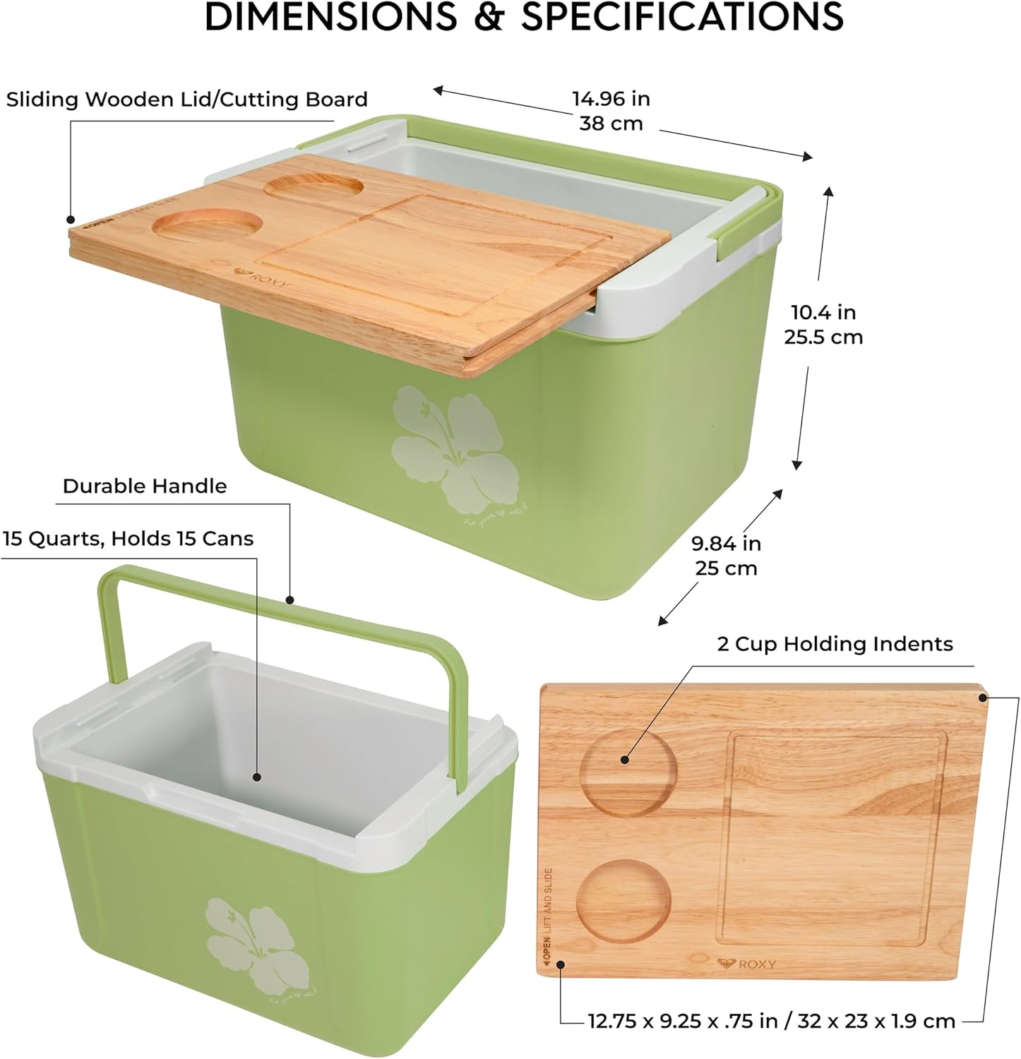 15 Quart Cooler with Sliding Wooden Lid and Cutting Board, Portable Insulated Hard Cooler for Beach, Picnic, Travel