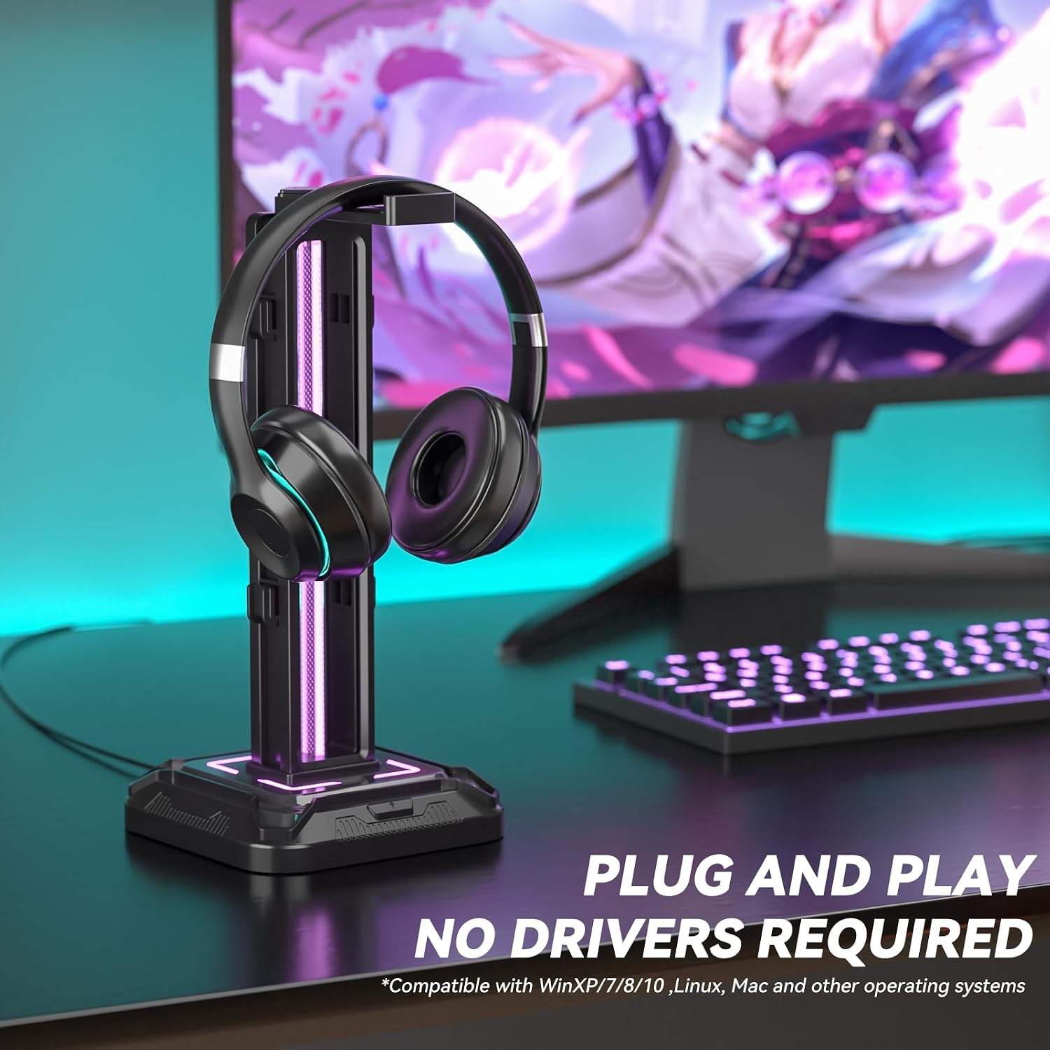 RGB Headset Stand with 9 Light Modes - Controller Holder for Desk - Rotatable Headphone Stand & Detachable Controller