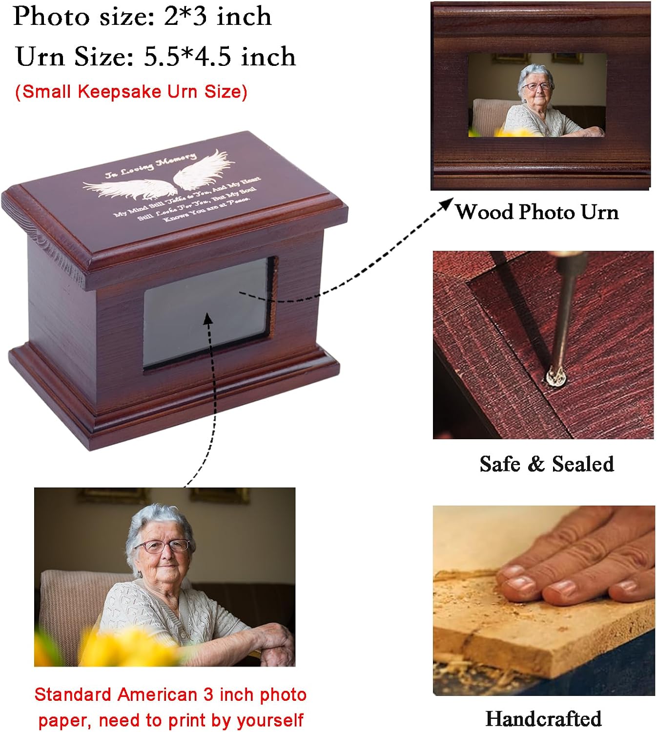 5.5 Inch Small Wooden Memorial Urn with Photo Frame, Keepsake Urn Box for Human/Pet Ashes - Wing