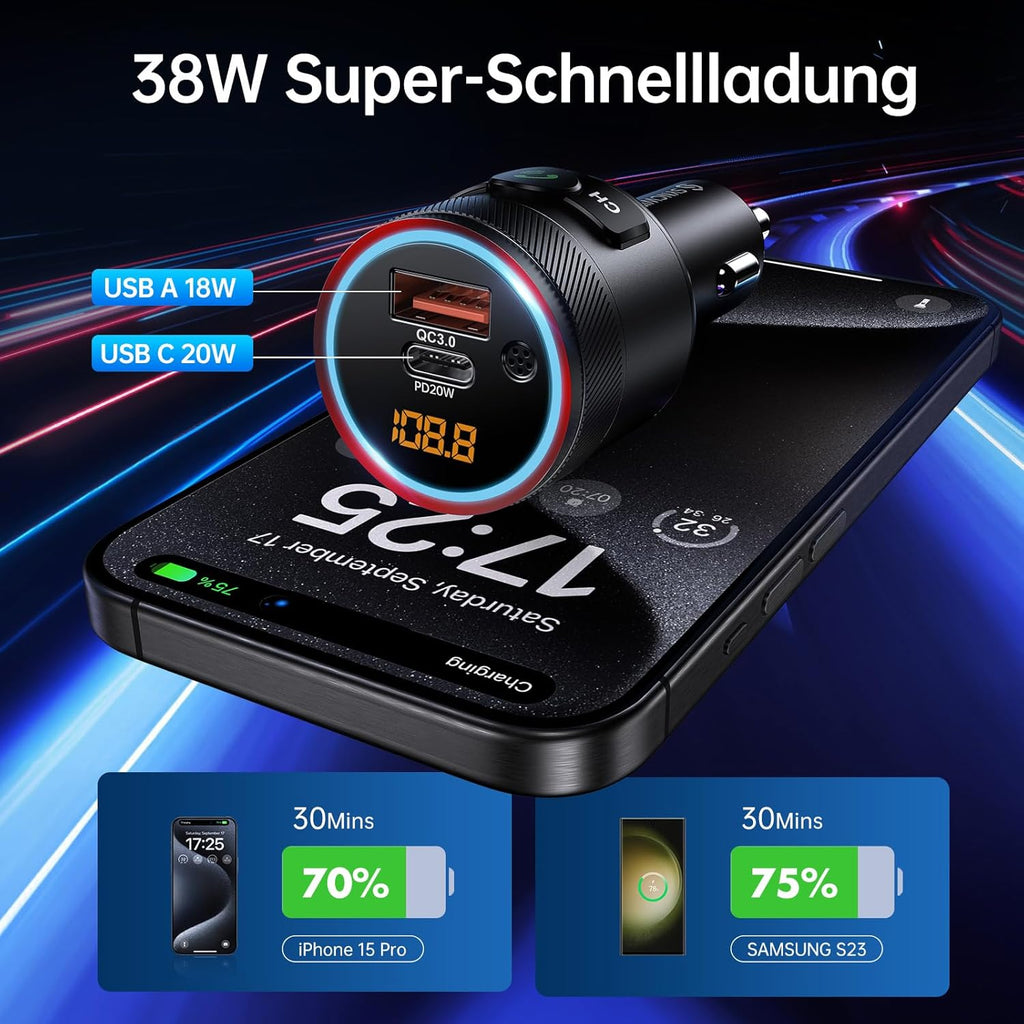 Bluetooth 5.4 FM Transmitter for Car, 38W PD&QC3.0 Dual USB Charging Bluetooth Car Adapter Microphone & Bass Sound