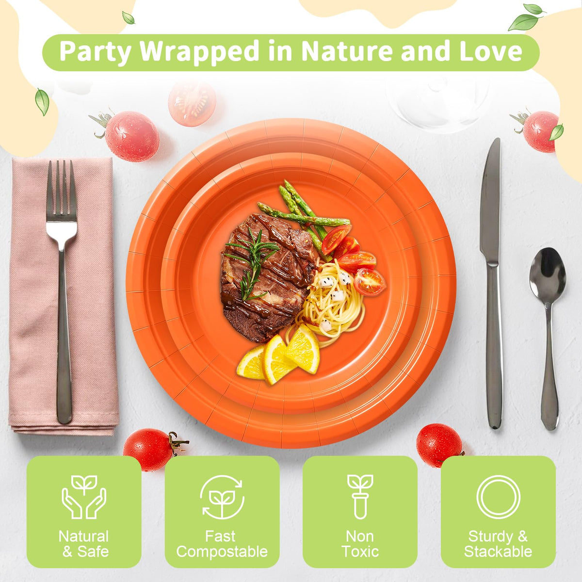 Orange Paper Plates - Disposable Plates for Party, 25-9" & 25-7"