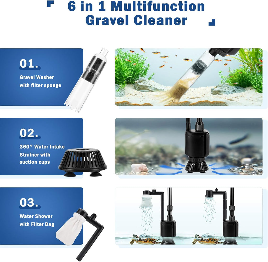 Electric Aquarium Vacuum Gravel Cleaner, 6 in 1 Automatic Fish Tank Vacuum Cleaning Tools Kit Water Changer
