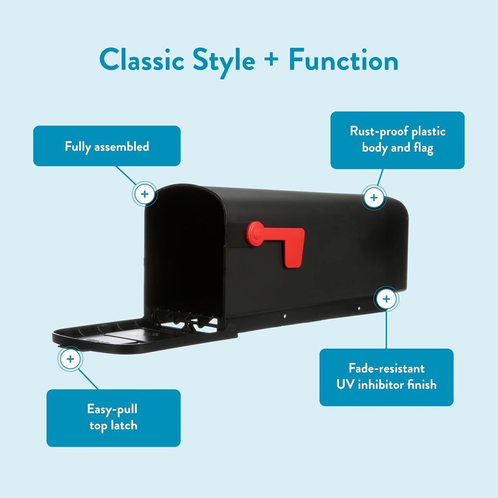 Parsons Post Mount Mailbox, Black, Medium | Durable plastic build with weather-resistant outdoor construction. USPS