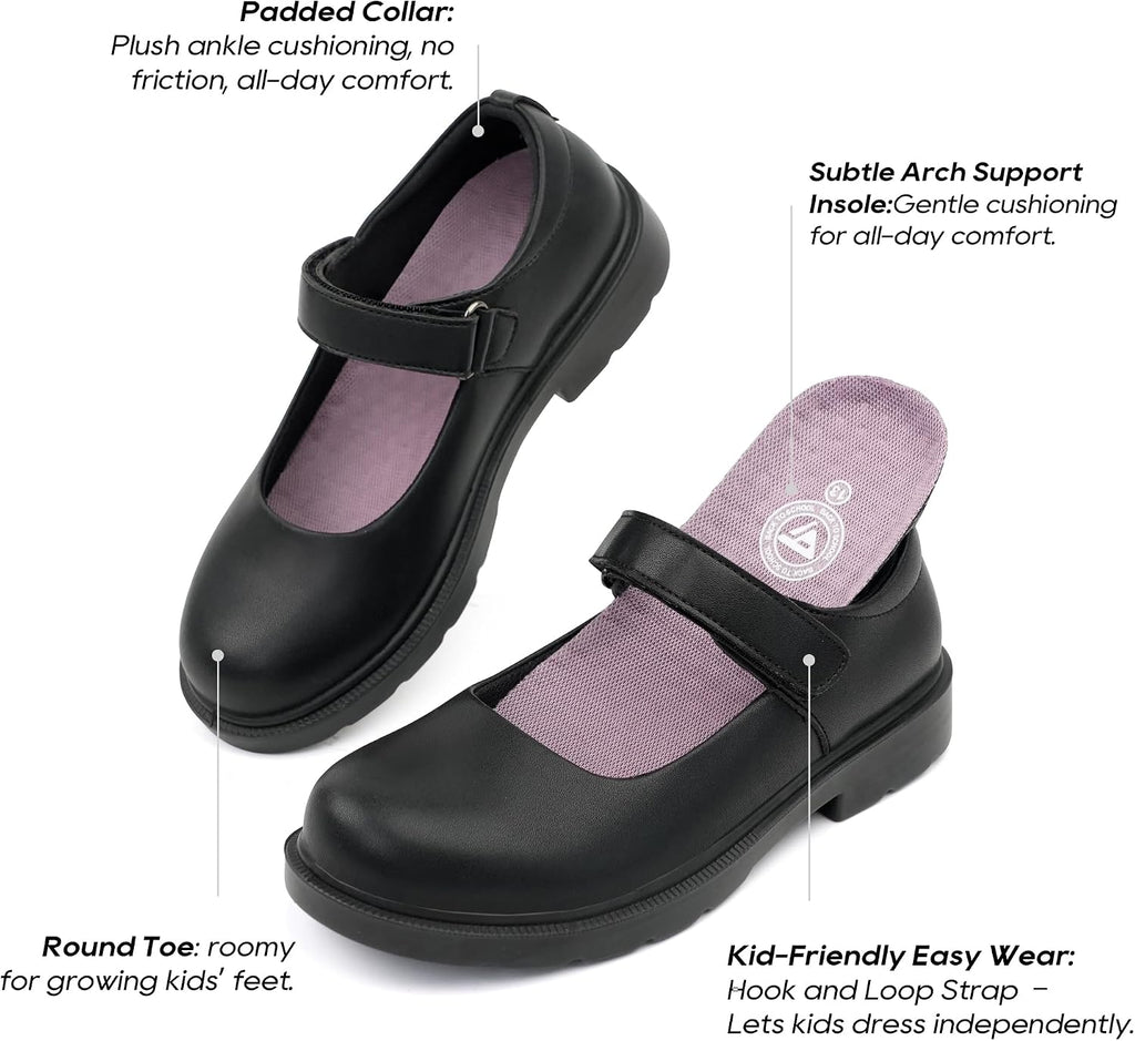 Girls Mary Jane School Dress Shoes Hook Loop Strap Non-Marking Sole for Everyday and Parties