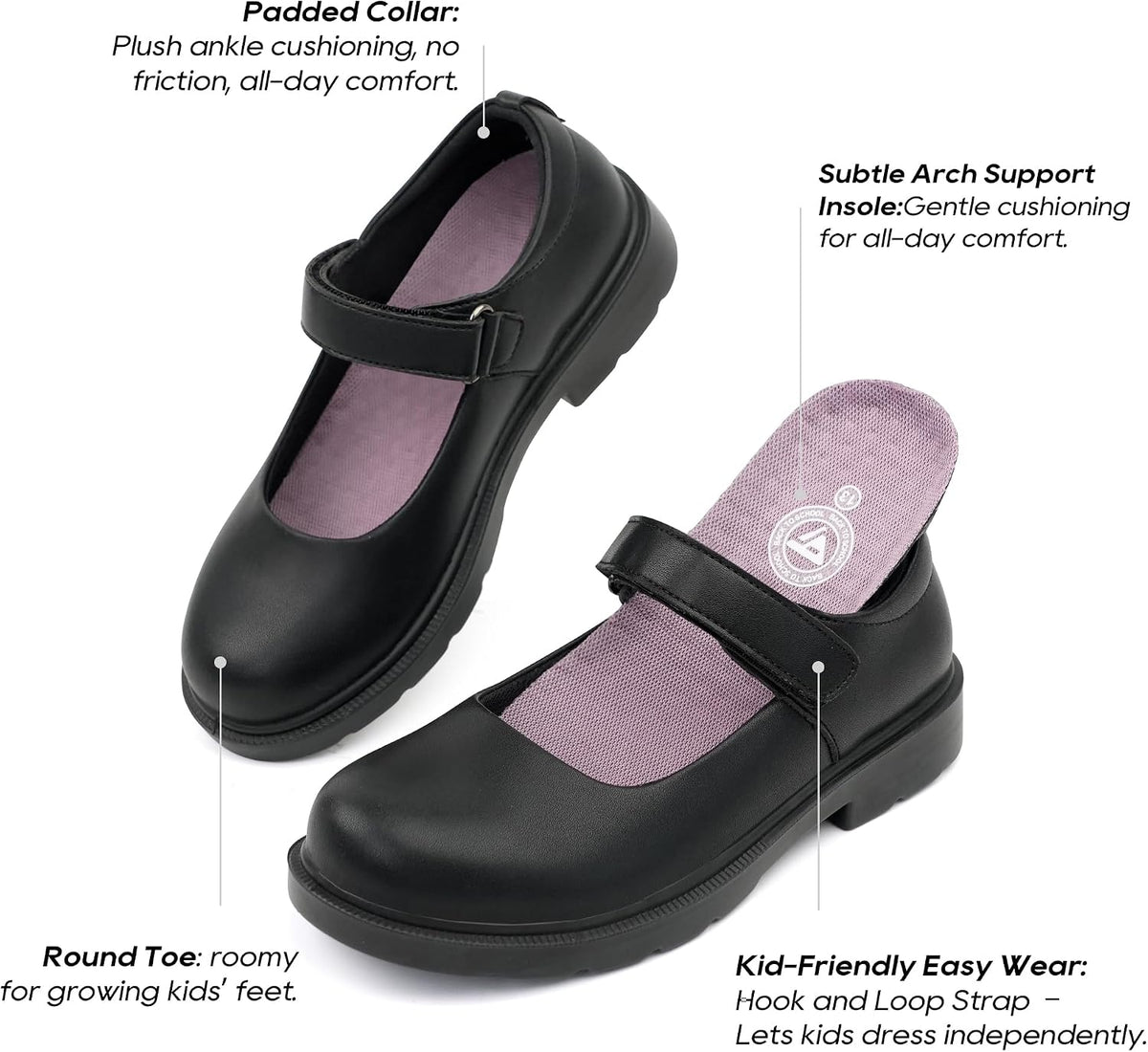 Girls Mary Jane School Dress Shoes Hook Loop Strap Non-Marking Sole for Everyday and Parties