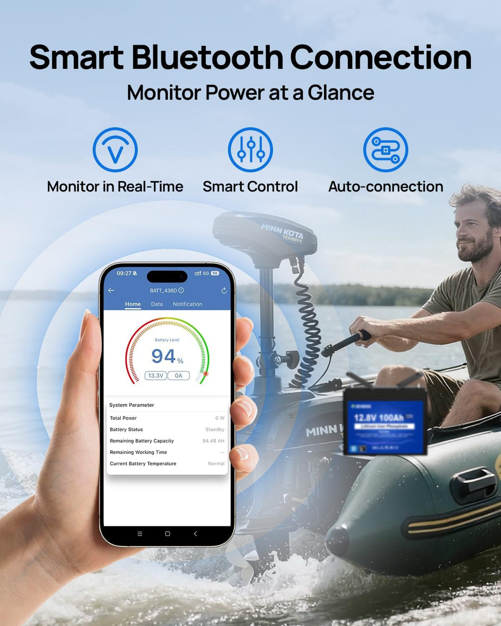 12V 100Ah Bluetooth LiFePO4 Trolling Motor Lithium Battery | Group 24, Low Temp Cut-Off, Up to 15000 Cycles, 100A
