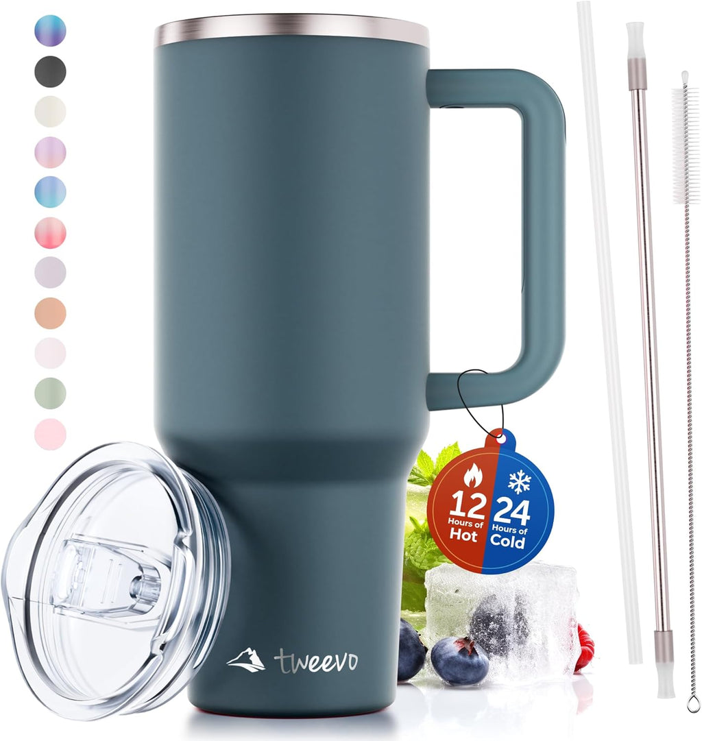 40 oz Tumbler With Handle and Straw Made of Stainless Steel - Double Wall Vacuum Insulated Tumbler With Lid - Sweat
