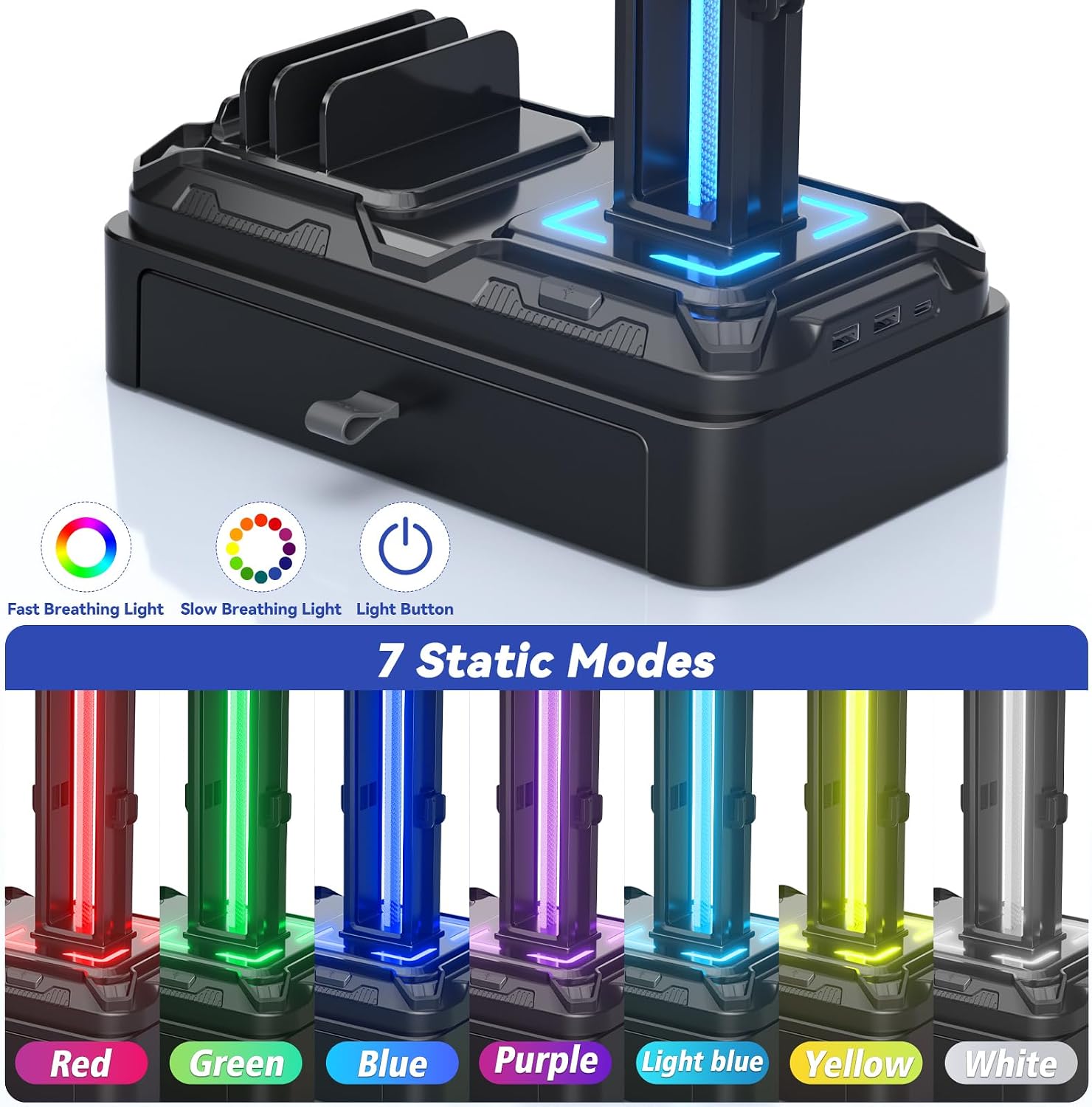 Headphone Stand with USB A&C Charger Ports - RGB Controller Stand with Detachable Hooks - Rotatable Headset Hanger &