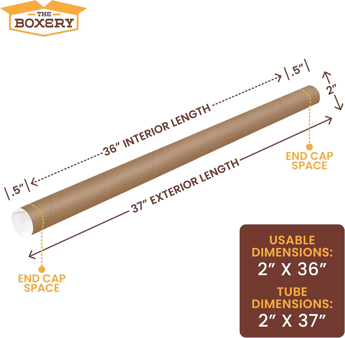 2" x 36" Made in USA Kraft Paper Mailing Tube, 6 Tubes, 12 Caps