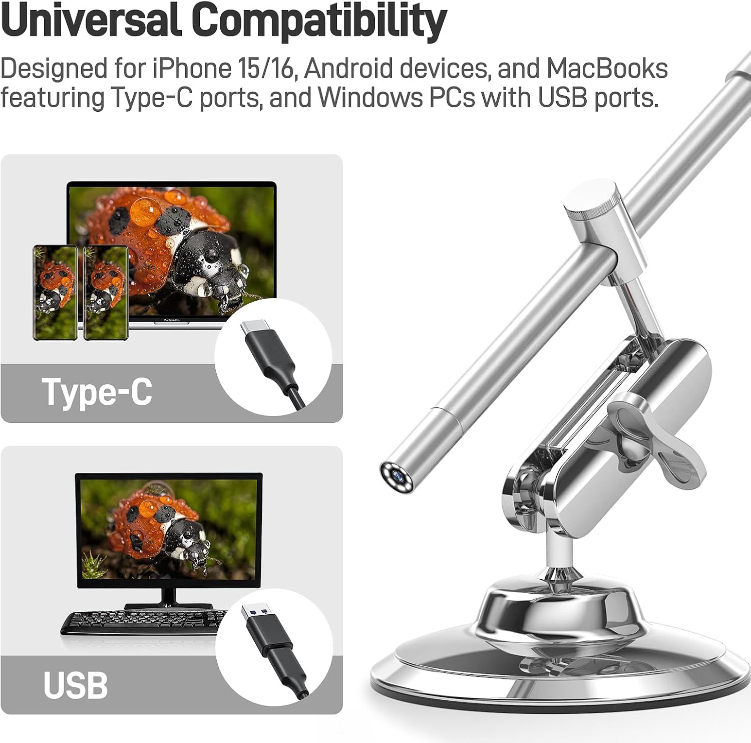 USB-C Digital Microscope 10X-200X for Coin & Electronics Inspection | Handheld Camera with 8 LEDs & Rotating Metal