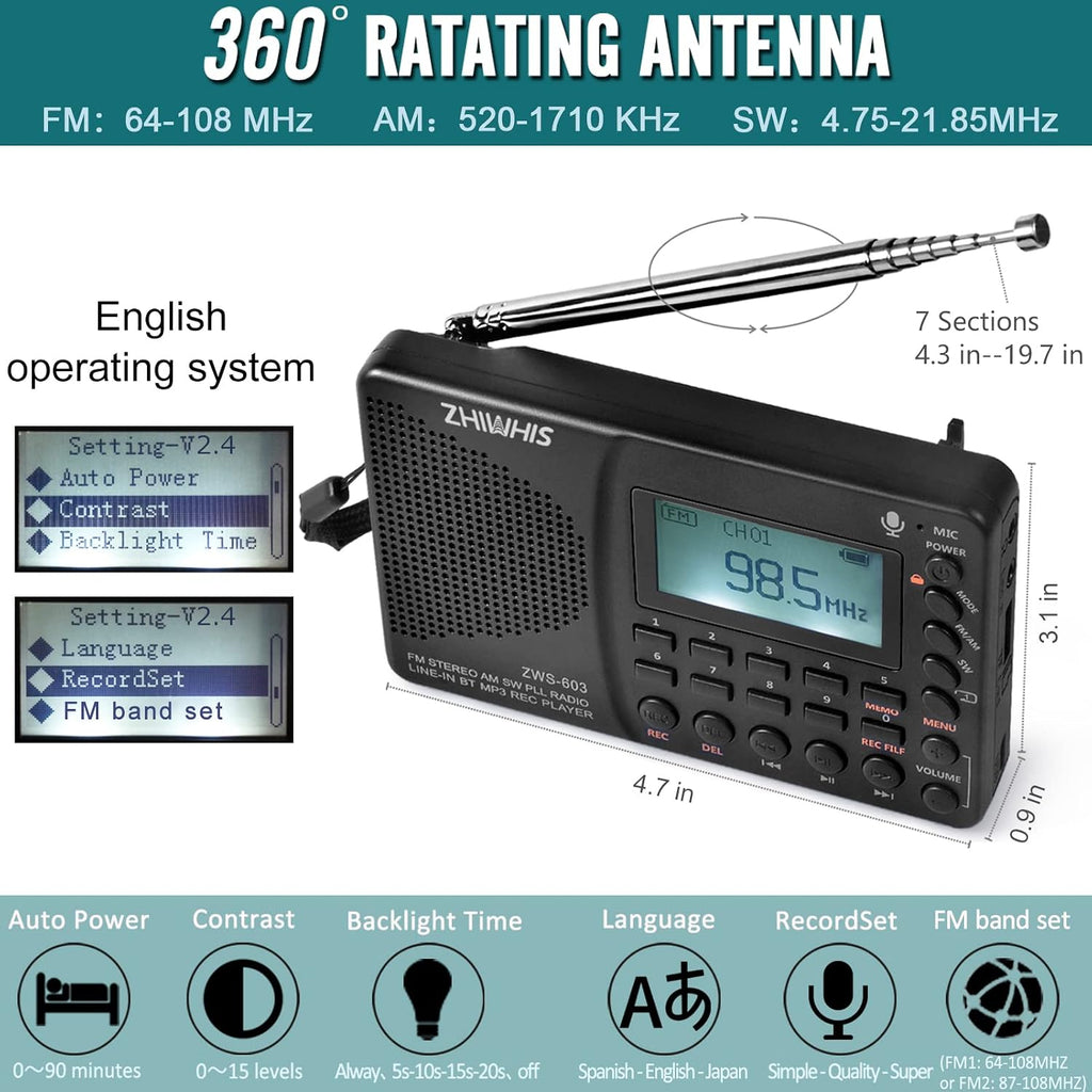 Portable Bluetooth Radio, FM AM Shortwave Radios with Sleep Timer and Preset Function, Rechargeable Digital Recorder