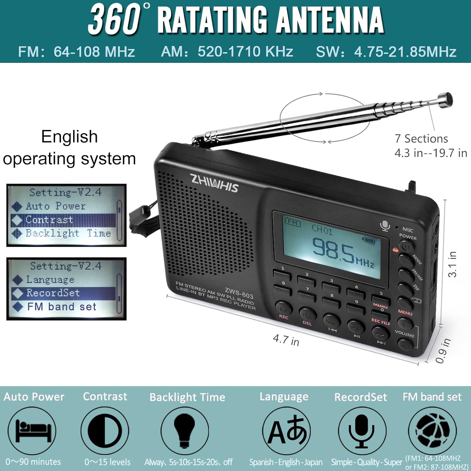 Portable Bluetooth Radio, FM AM Shortwave Radios with Sleep Timer and Preset Function, Rechargeable Digital Recorder