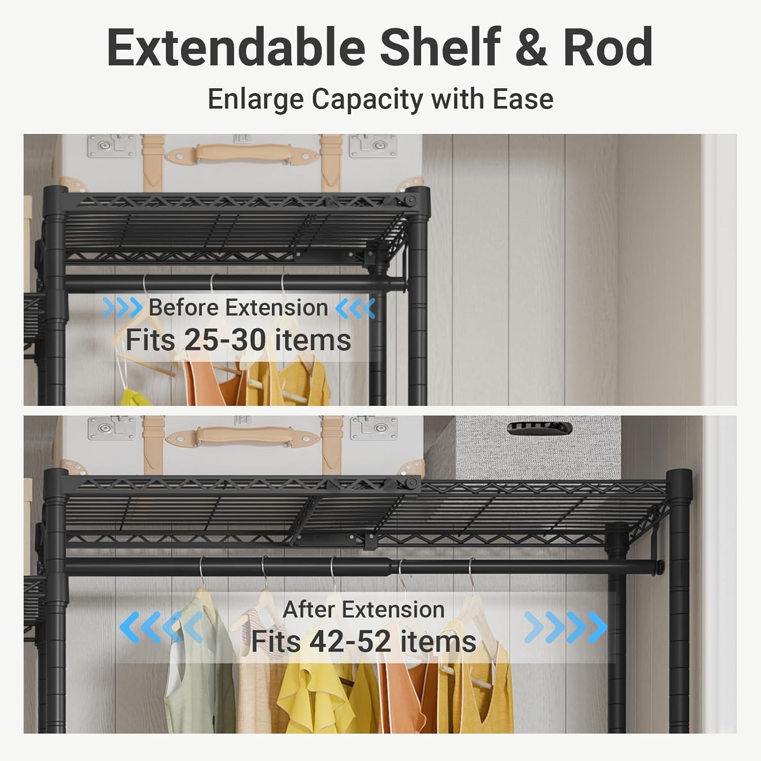 X3 Expandable Heavy Duty Clothes Rack Adjustable from 5'2" to 8' with Adjustable Shelves and Hanger Rods, Large