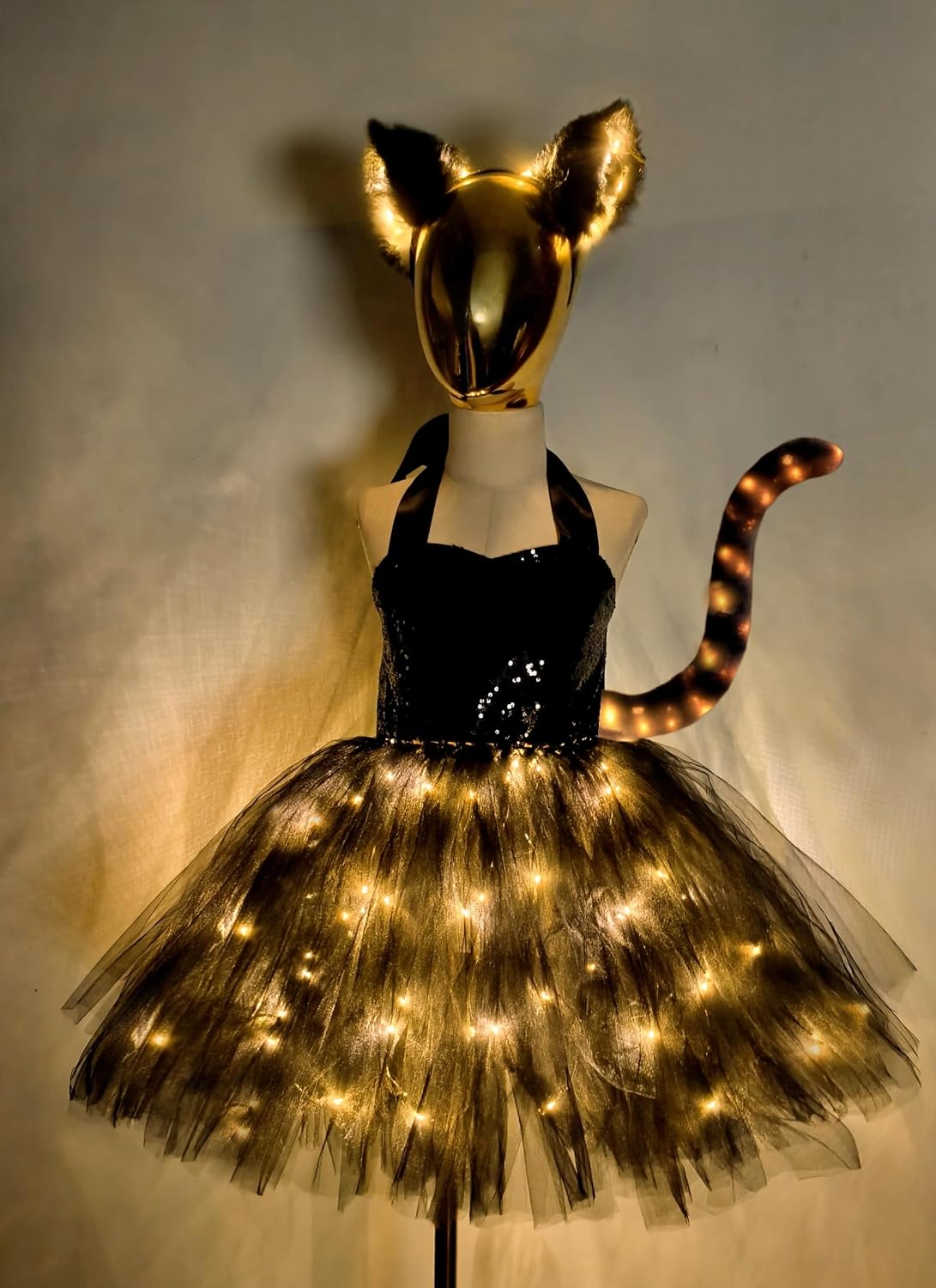 Girls Black Cat TuTu Tulle Dress Animals Cat Costumes LED Light Up Halloween Outfit Playwear With Tail Ear