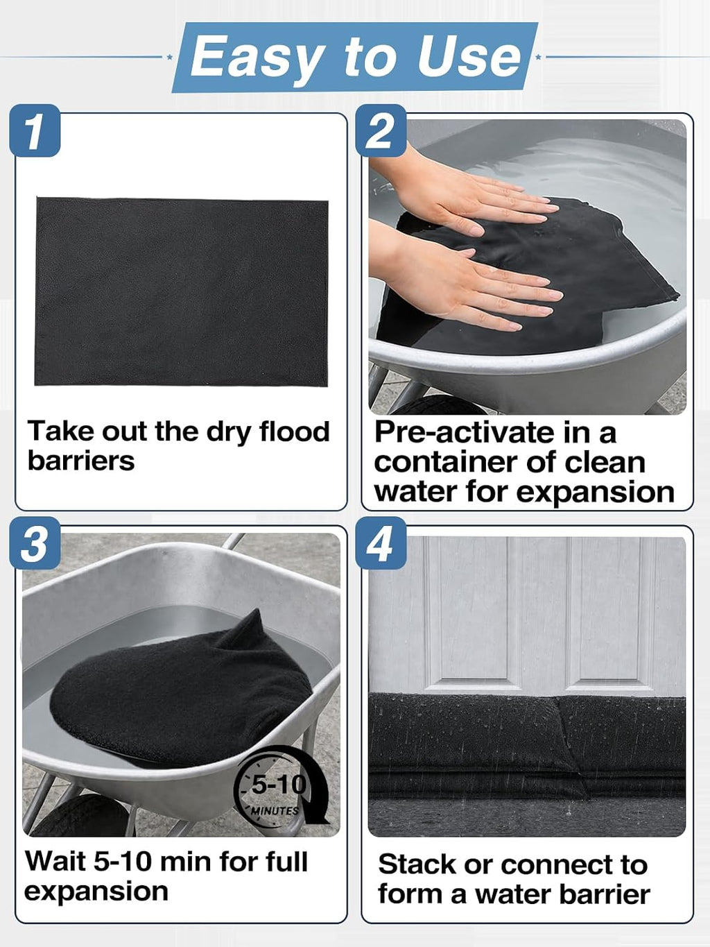 4pcs 2ftx15in Water Activated Flood Barriers for Home | Sandless Sand Bags, Reusable Water Barriers Sandbags
