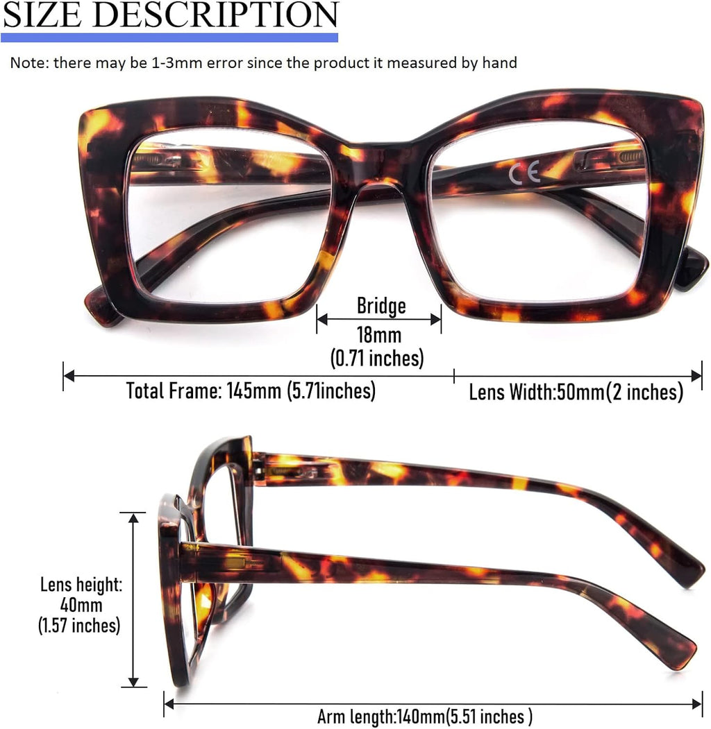 Oversized Square Reading Glasses for Women, Blue Light Blocking Large Frame Computer Readers Spring Hinge