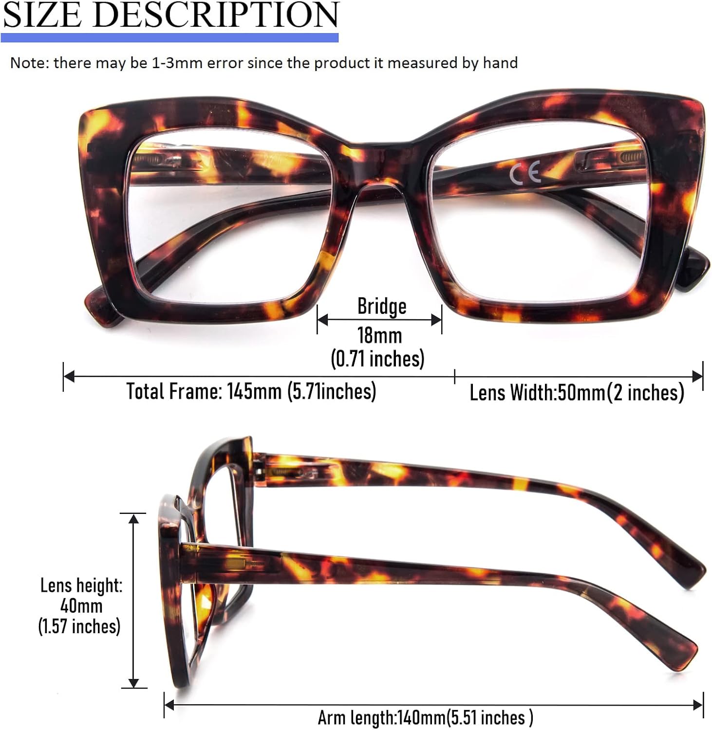 Oversized Square Reading Glasses for Women, Blue Light Blocking Large Frame Computer Readers Spring Hinge