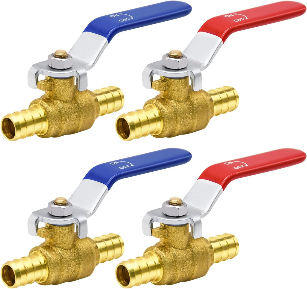 4pcs 1/2" PEX Brass Full Port Shut Off Ball Valve, HOT (RED) COLD (BLUE)