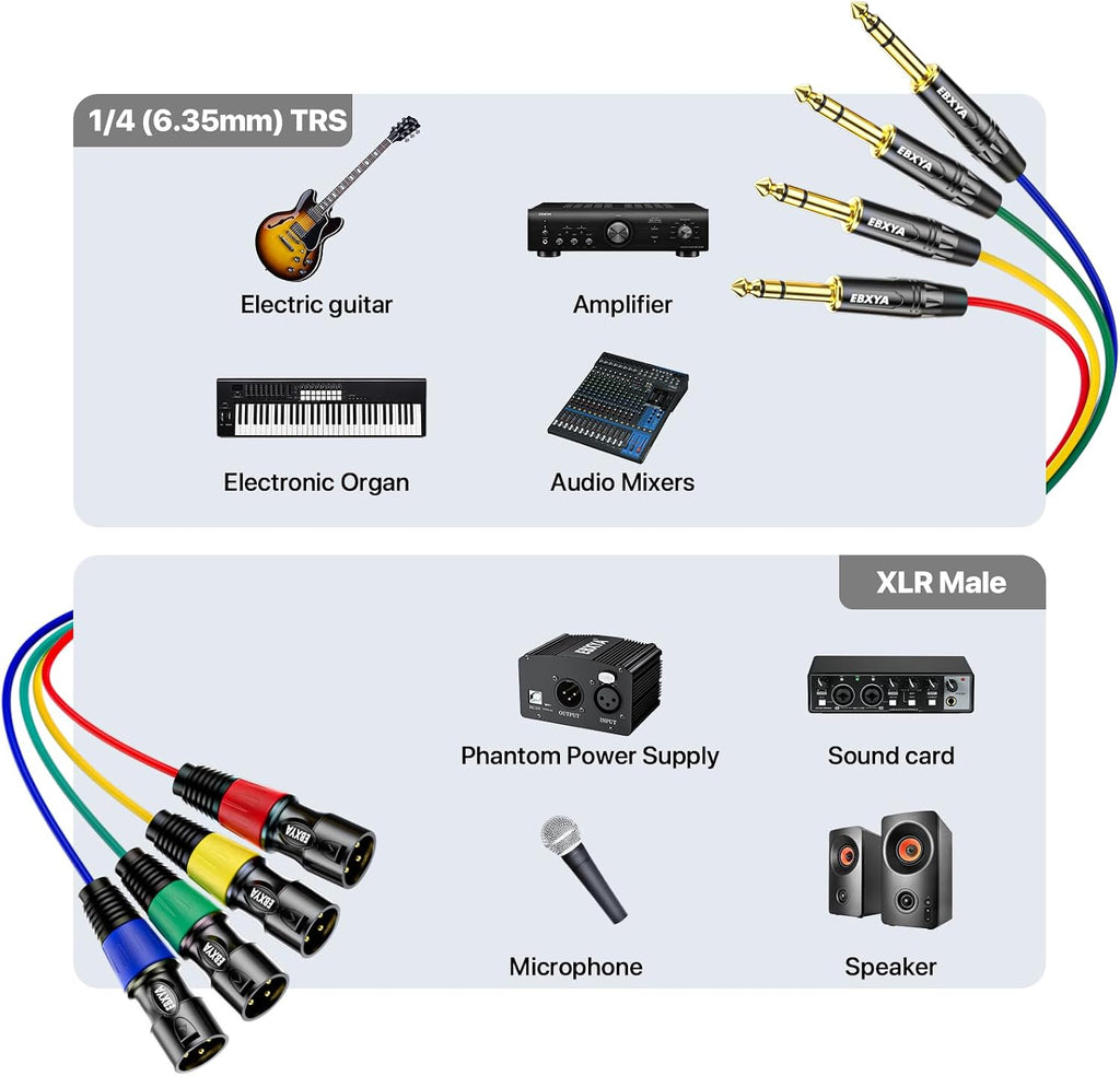 4 Channel XLR Male to 1/4 Inch TRS Snake Cables,Recording Snake Cable | 6.35mm Male Jack Stereo Audio Balanced Line