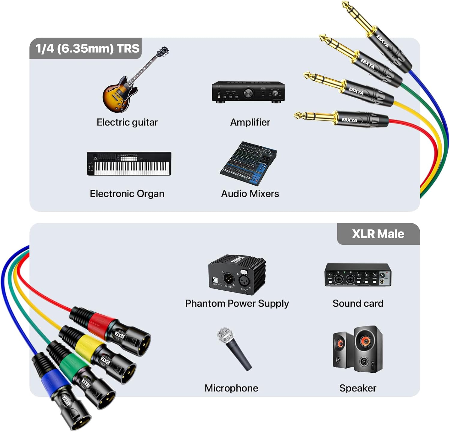 4 Channel XLR Male to 1/4 Inch TRS Snake Cables,Recording Snake Cable | 6.35mm Male Jack Stereo Audio Balanced Line