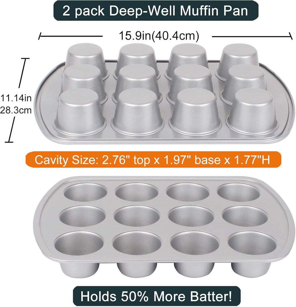 Deep Well Muffin Pan, 12-Cup, 2-Pack, 1.77-Inch Deep Cups