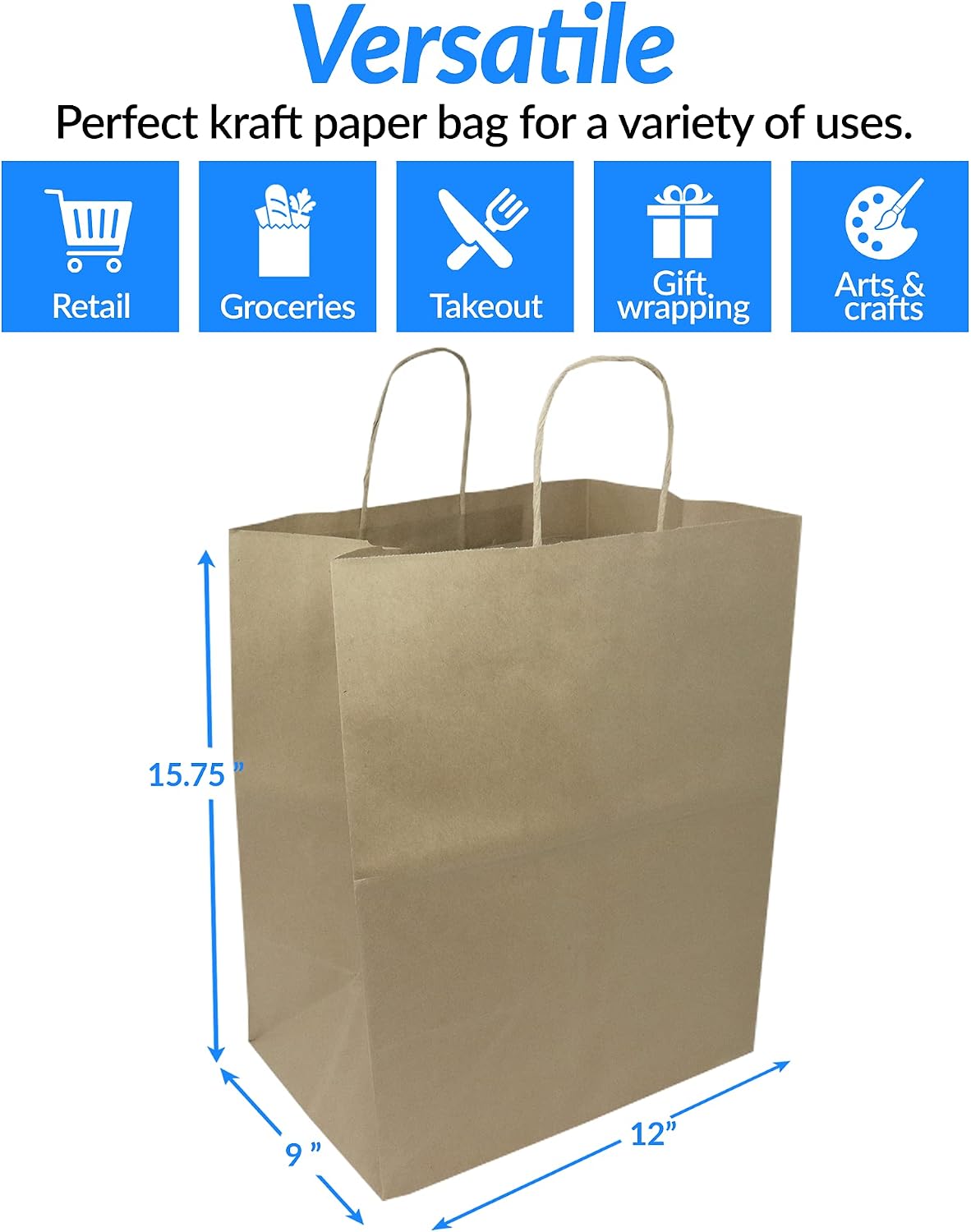 55 Pack Paper Bags with Handles | Kraft Brown