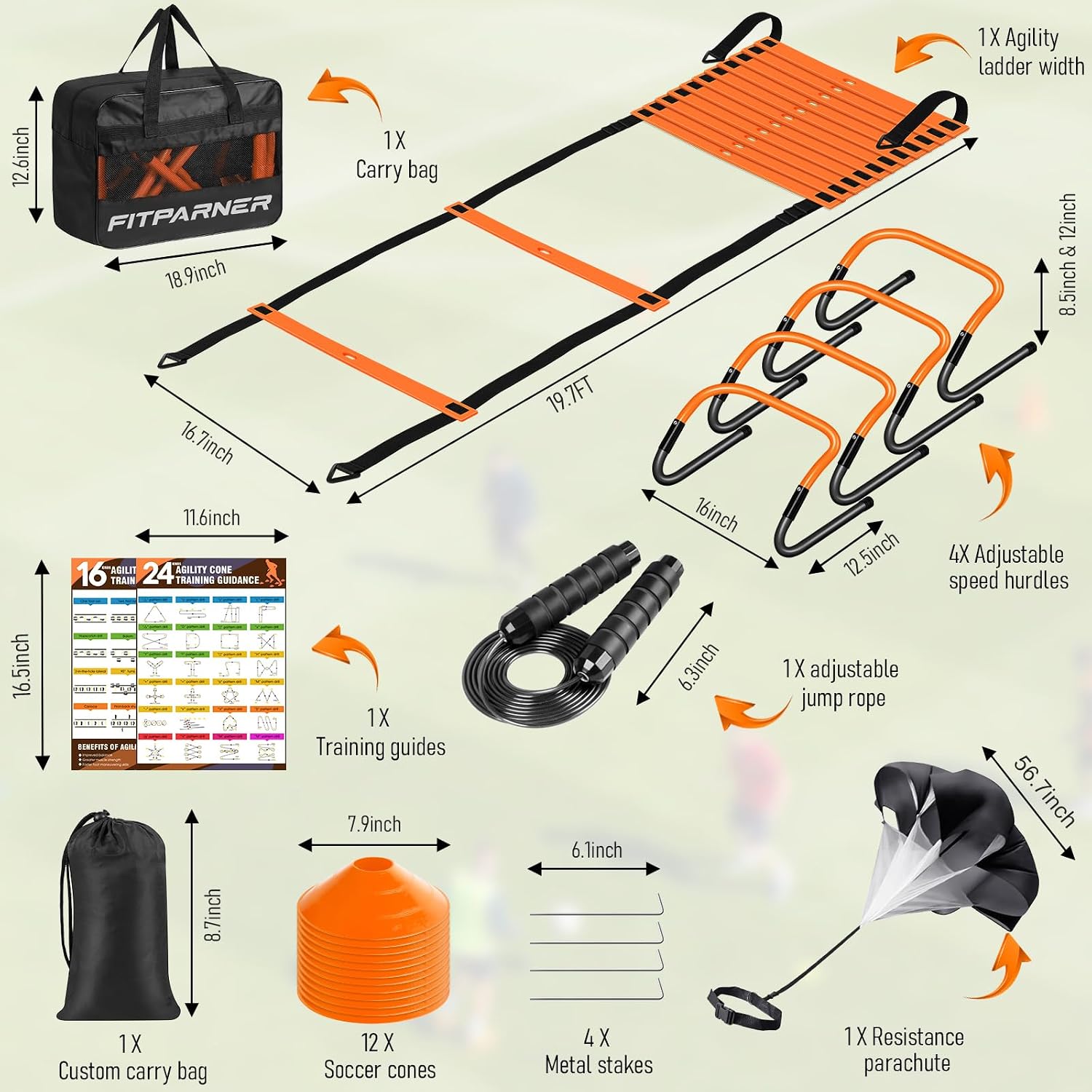 Agility Ladder, Soccer Football Training Equipment Set - 20ft Speed Ladder, 4 Hurdles,Parachute, 12 Cones & Jump Rope