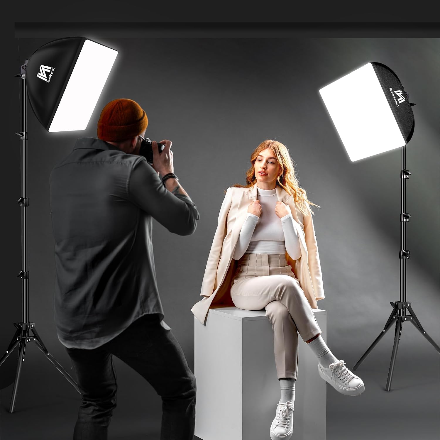 Softbox Lighting Kit, NiceVeedi 2-Pack 16'' x 16'' Softbox Photography Lighting Kit with 63” Tripod Stand & 5400K