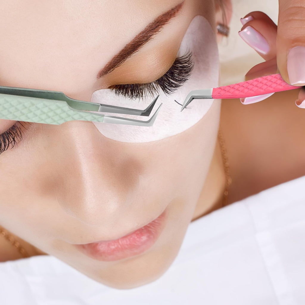 Lash Tweezers Set for Eyelash Extensions - 3 Piece Precision Fiber Tip Diamond Grip, Volume, L-Shape Boot, 90 Degree