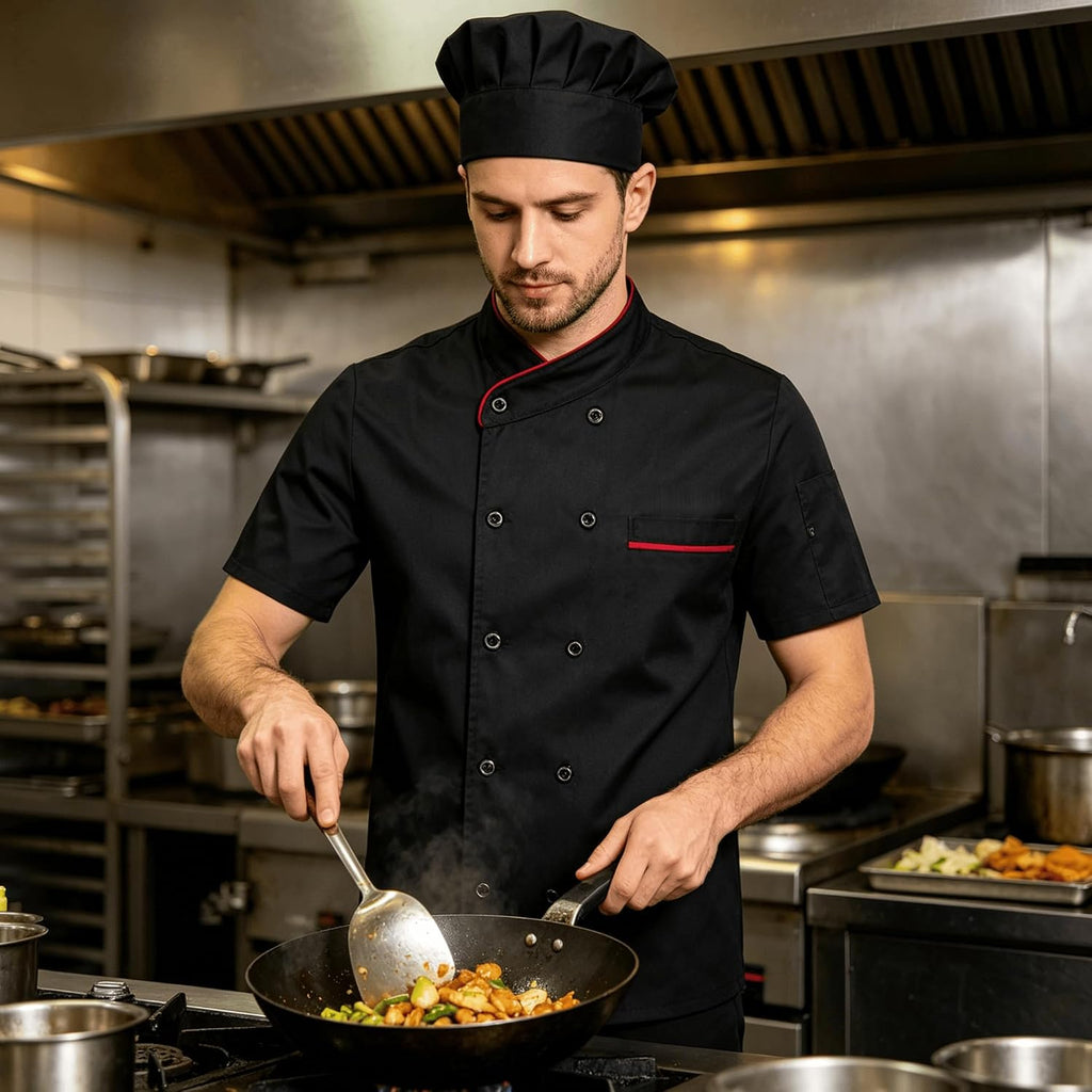 Men's Chef Coat Uniform Short Sleeve Chef Jacket Breathable Chef Uniform for Kitchen, Restaurant, Bakery