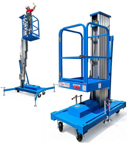 Electric Single Mast Aerial Lift, 26.2ft 8m Vertical Lift Platform, 300 lbs Capacity, Hydraulic, Aircraft Aluminum