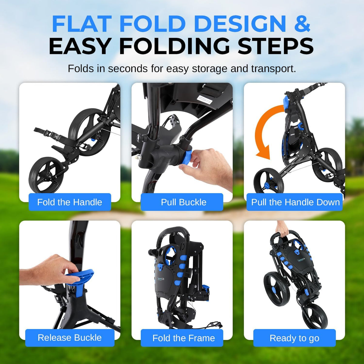 3-Wheel Golf Push Cart – Foldable, Adjustable Handle, Brake