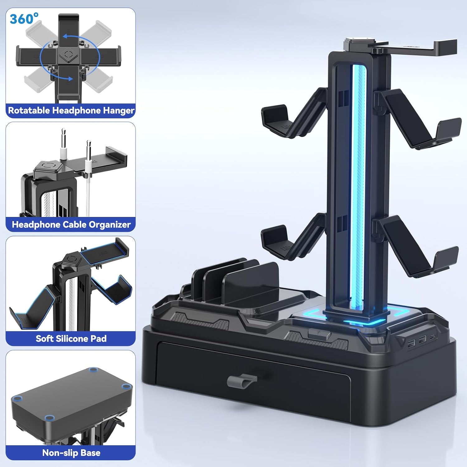 Headphone Stand with USB A&C Charger Ports - RGB Controller Stand with Detachable Hooks - Rotatable Headset Hanger &